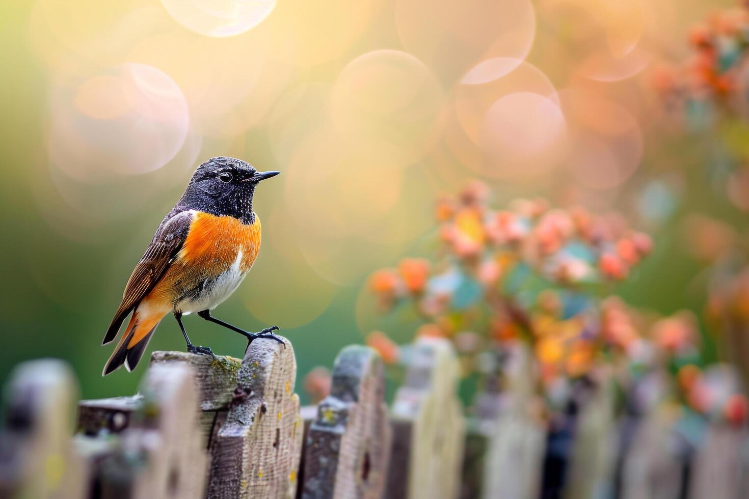 A Redstart Perched on a Garden Fence. Background. Nature photo