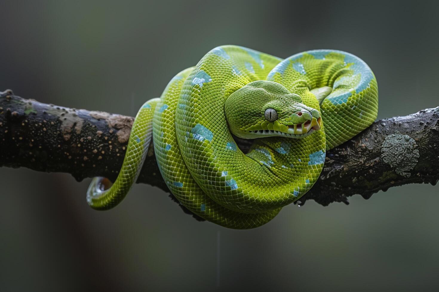 Green Tree Python Coiled Around a Tree Branch  Nature Background photo