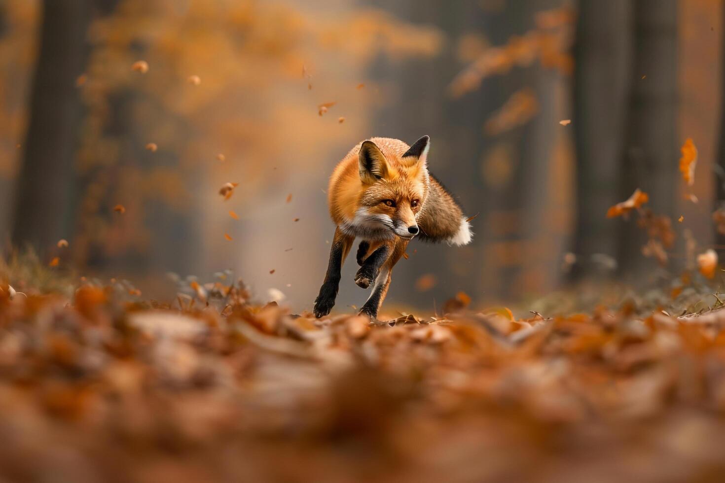 Red Fox Hunting in an Autumn Forest  Nature Background photo