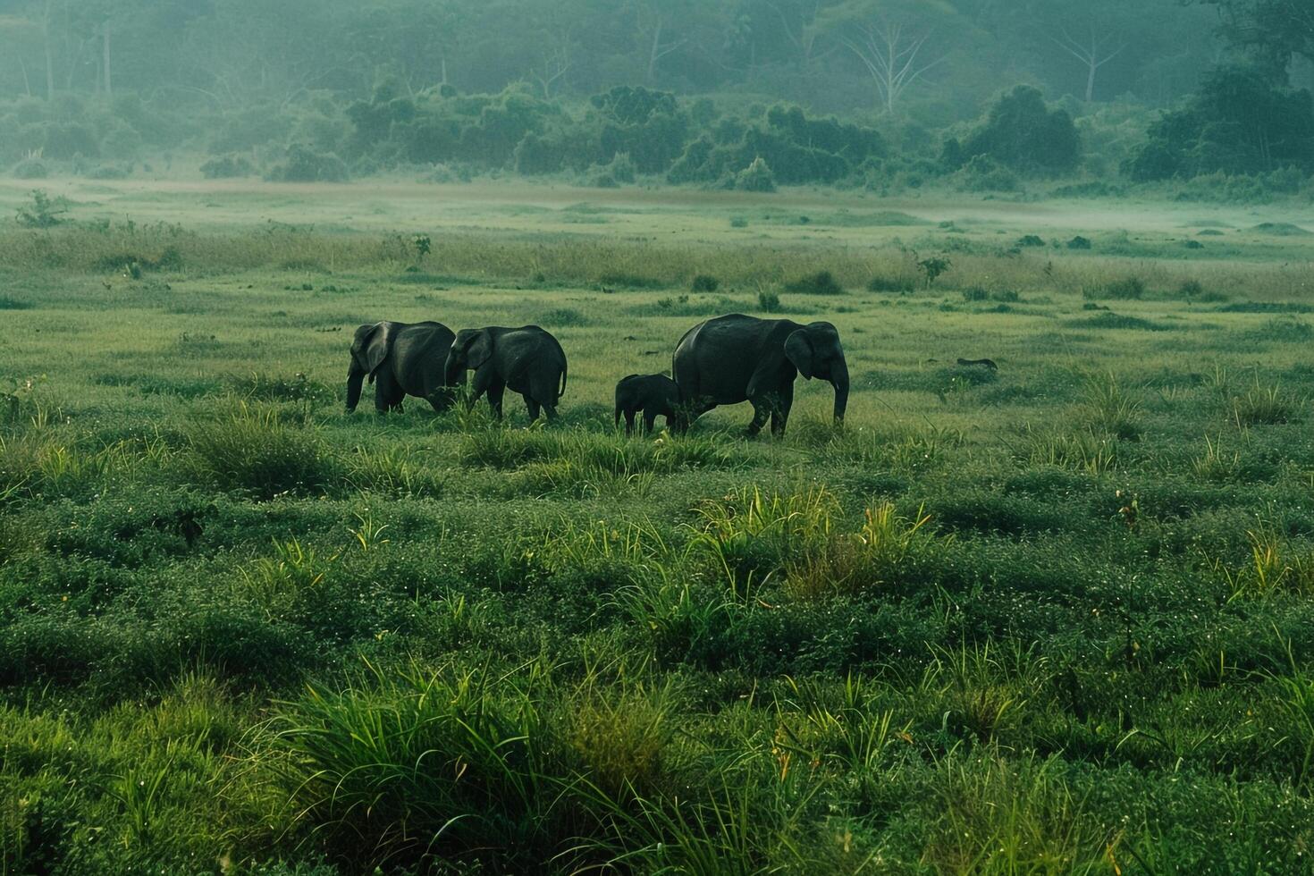 Grazing Elephants in a Green Savanna  Nature Background photo