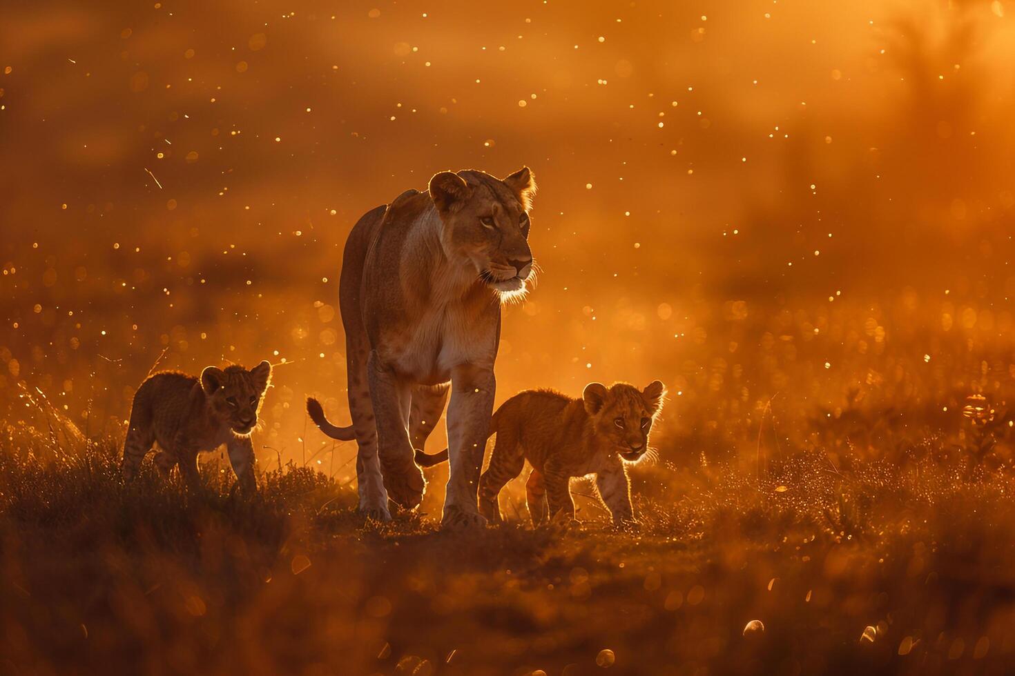 Lioness and Her Cubs Playing in the Savanna  Nature Background photo