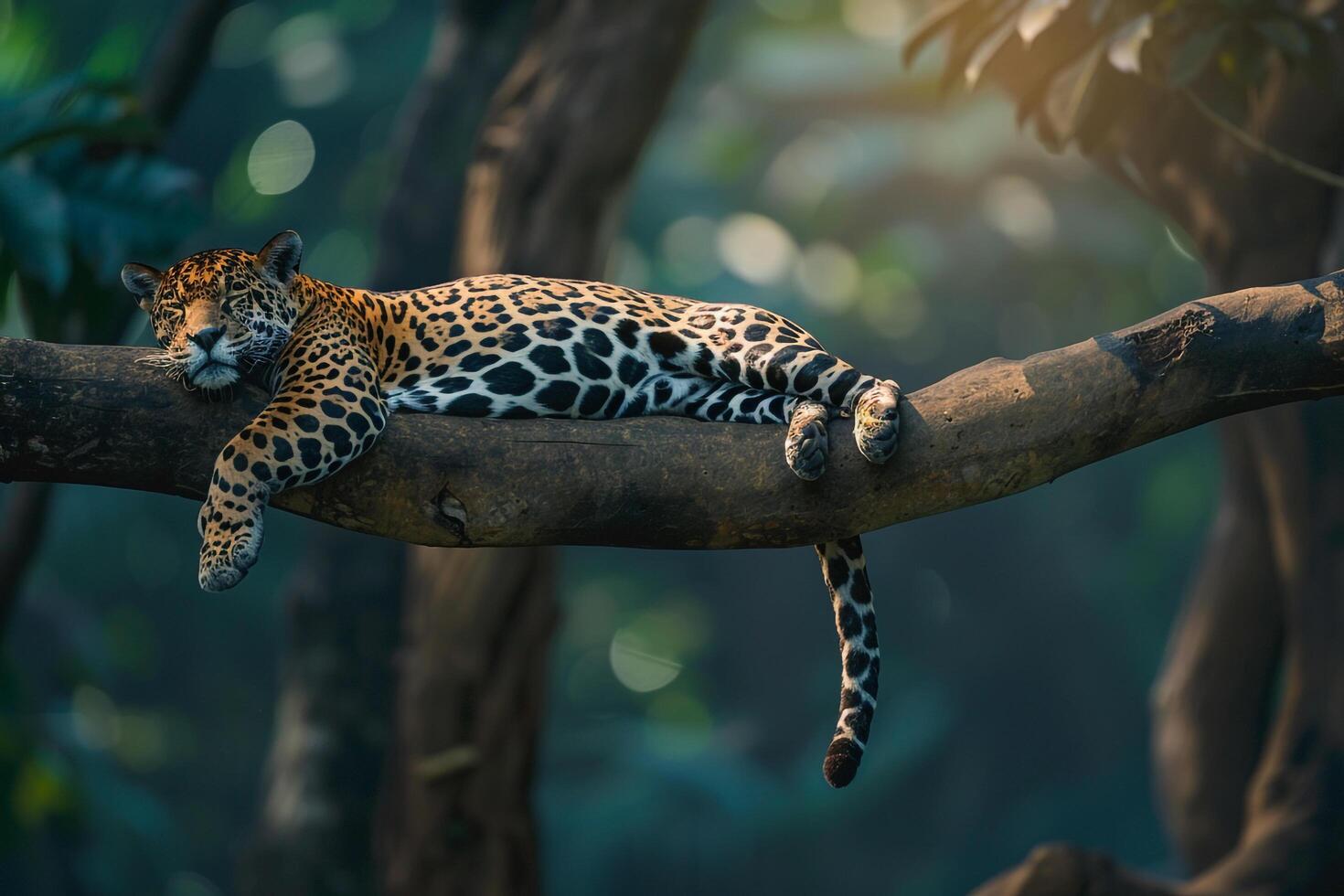 Jaguar Resting on Tree Branch in Amazon Rainforest  Nature Background photo