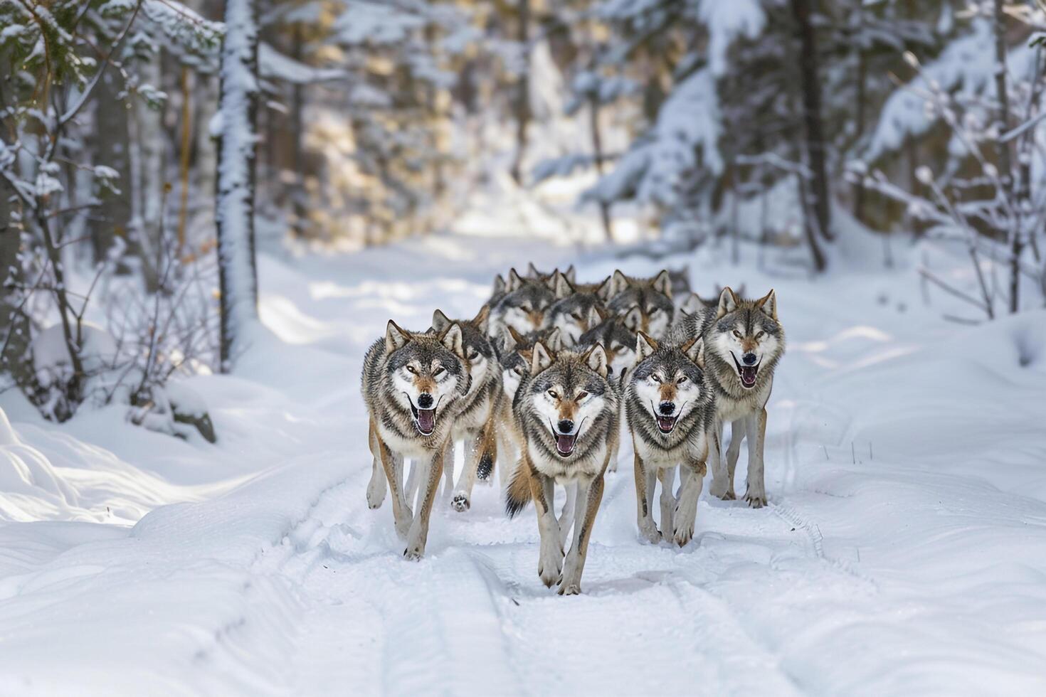 Gray Wolf Pack Moving Through Snowy Forest  Nature Background photo