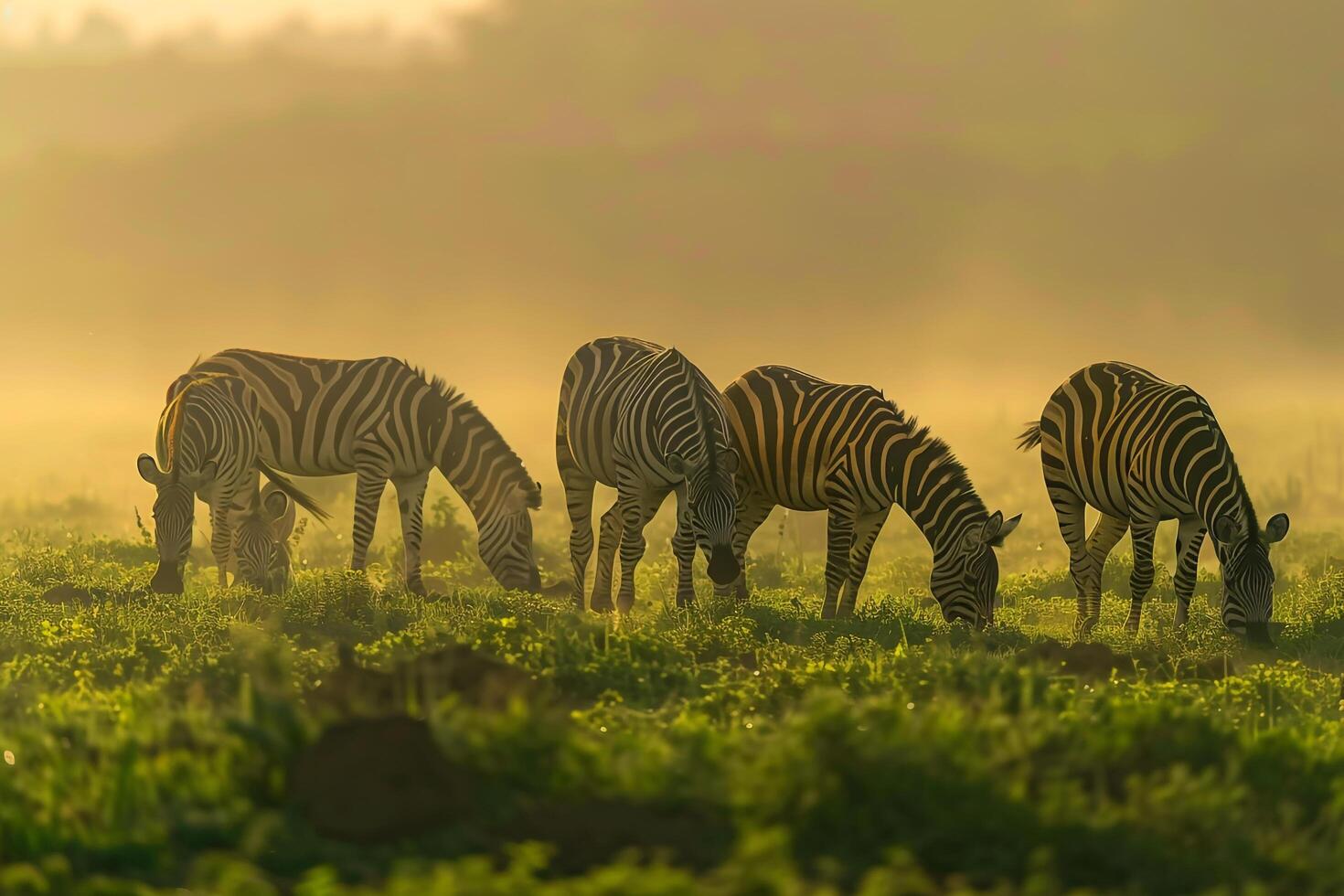 Grazing Zebras in a Green Savannah  Nature Background photo