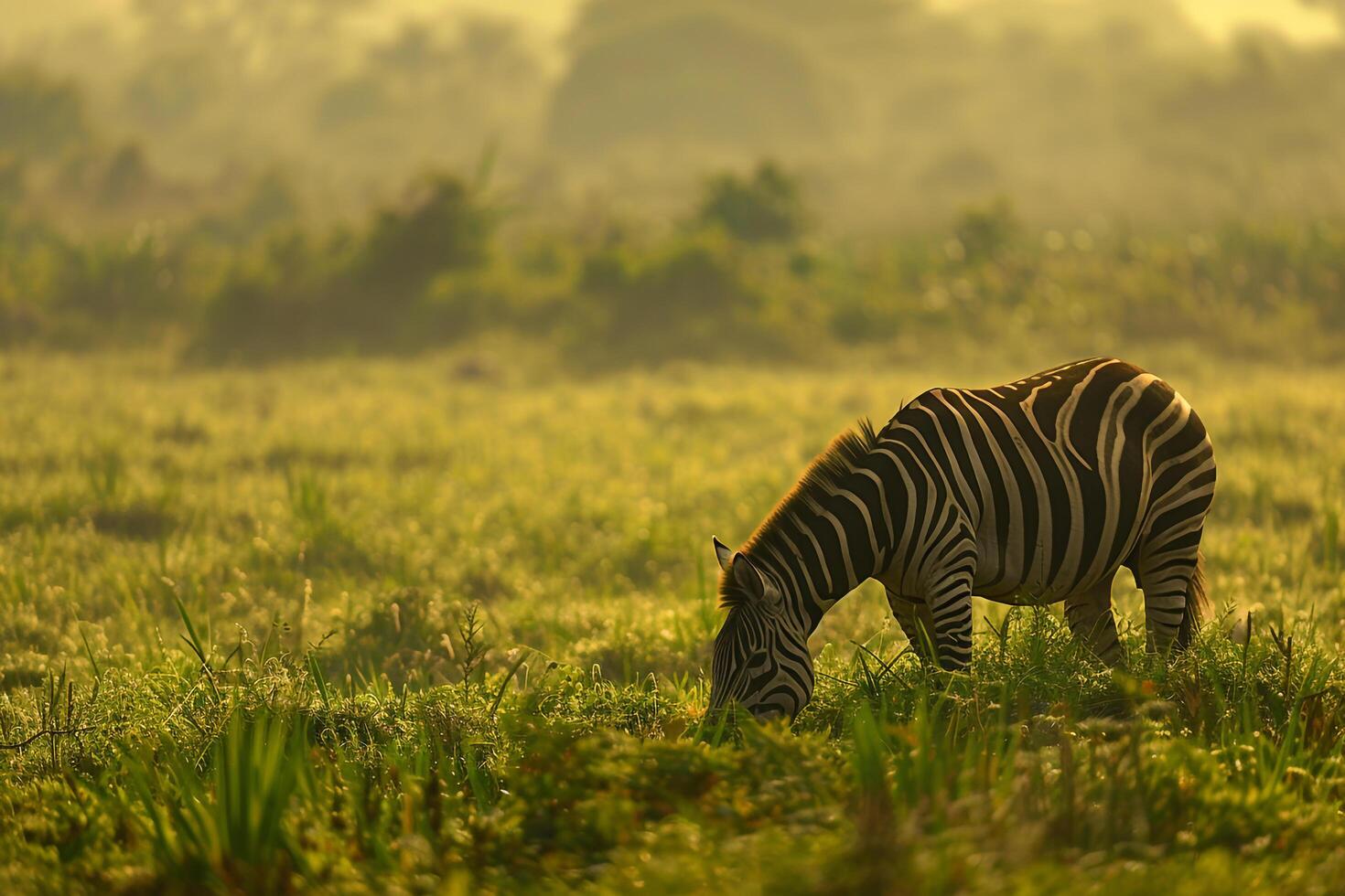Grazing Zebras in a Green Savannah  Nature Background photo