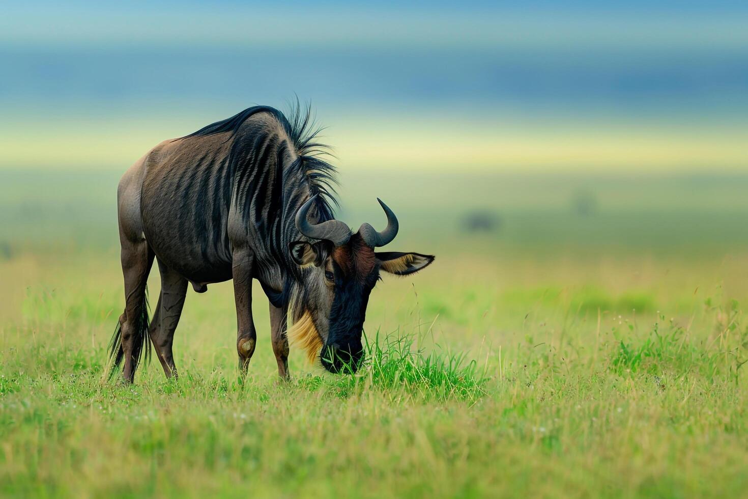 Grazing Wildebeest in a Green Savanna Background Nature photo