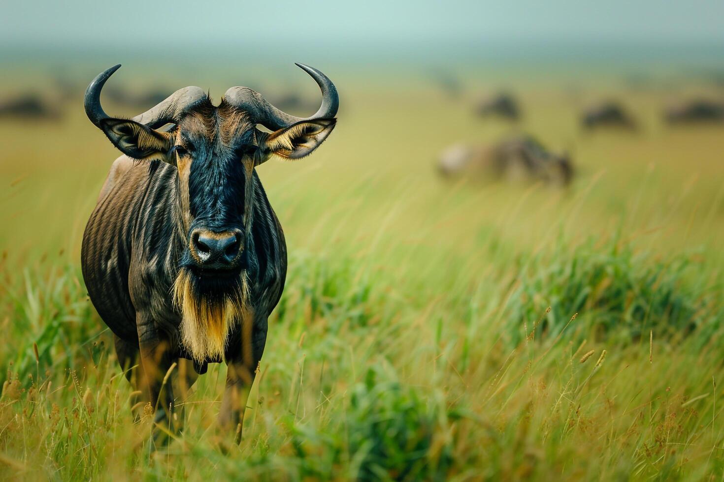 Grazing Wildebeest in a Green Savanna Background Nature photo