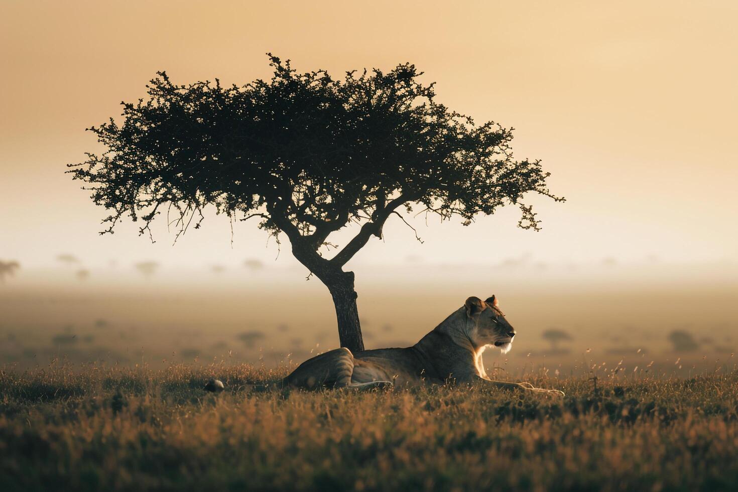 Lioness Resting Under a Tree in the Savannah Background Nature photo