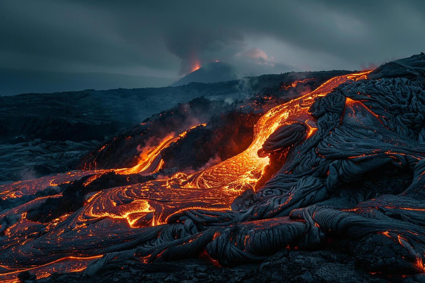 Active Volcano with Lava Flowing Down Its Slopes Nature Background photo