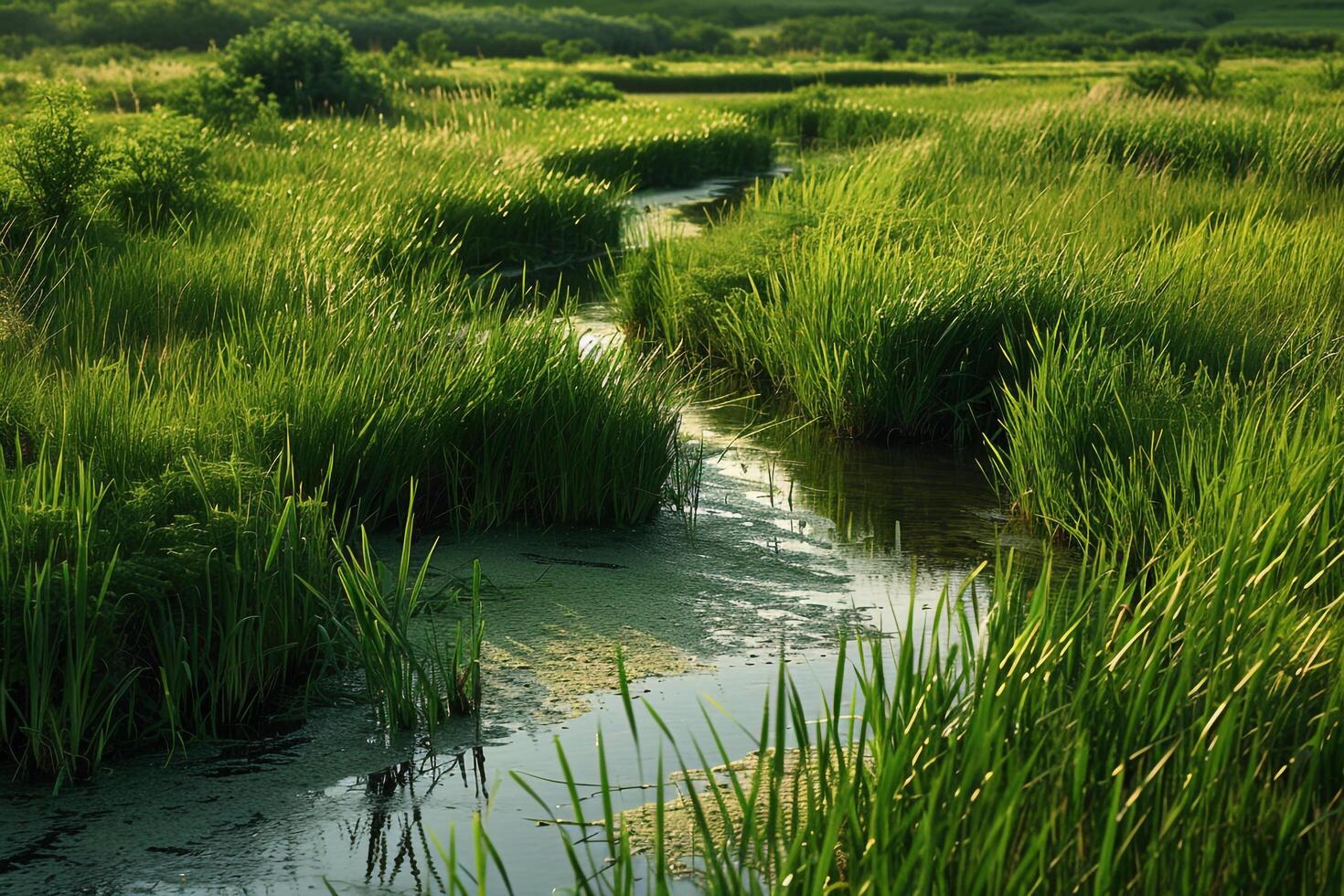 Green Wetland with Tall Grass and a Winding Stream Nature Background photo