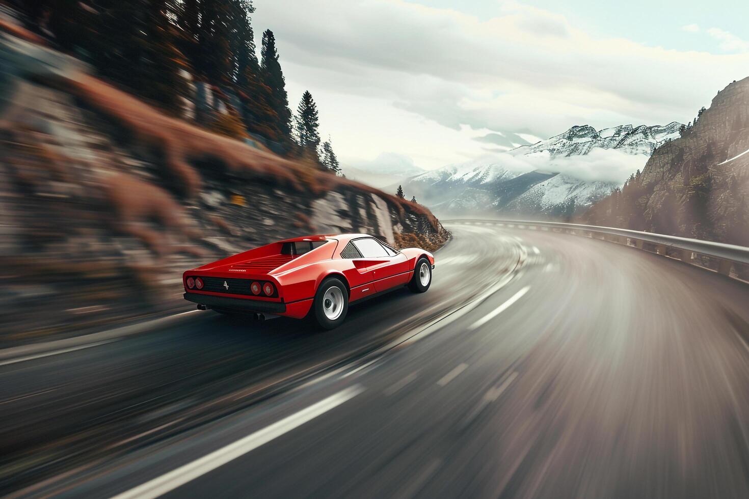 Red Sports Car Speeding on a Mountain Road Nature Background photo