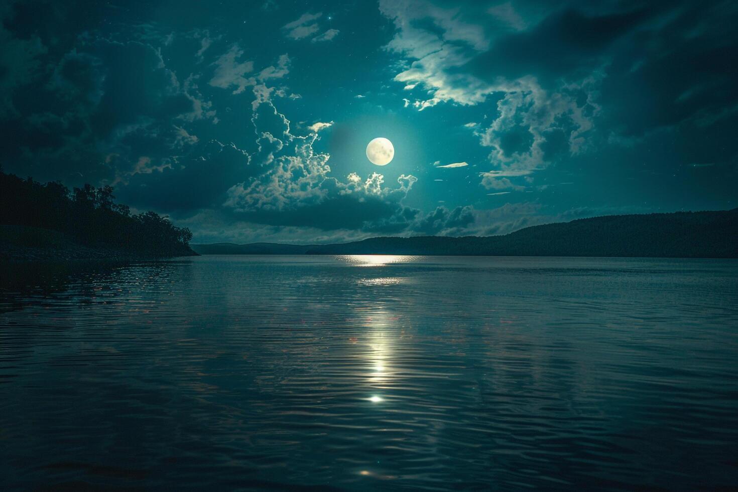 Full Moon Illuminating Clouds Over Tranquil Lake Nature Background photo