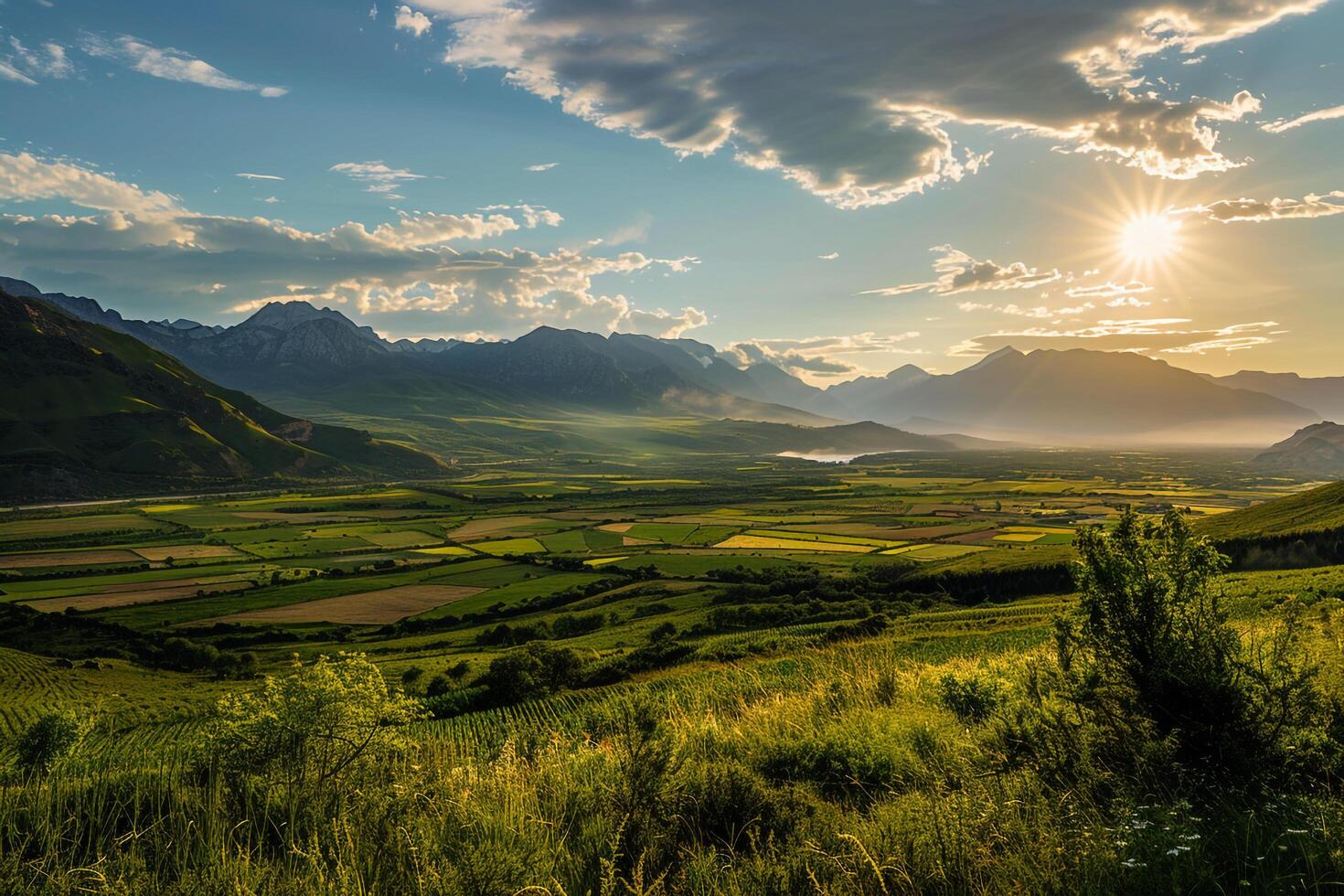 Green Valley with Distant Mountains Nature Background photo