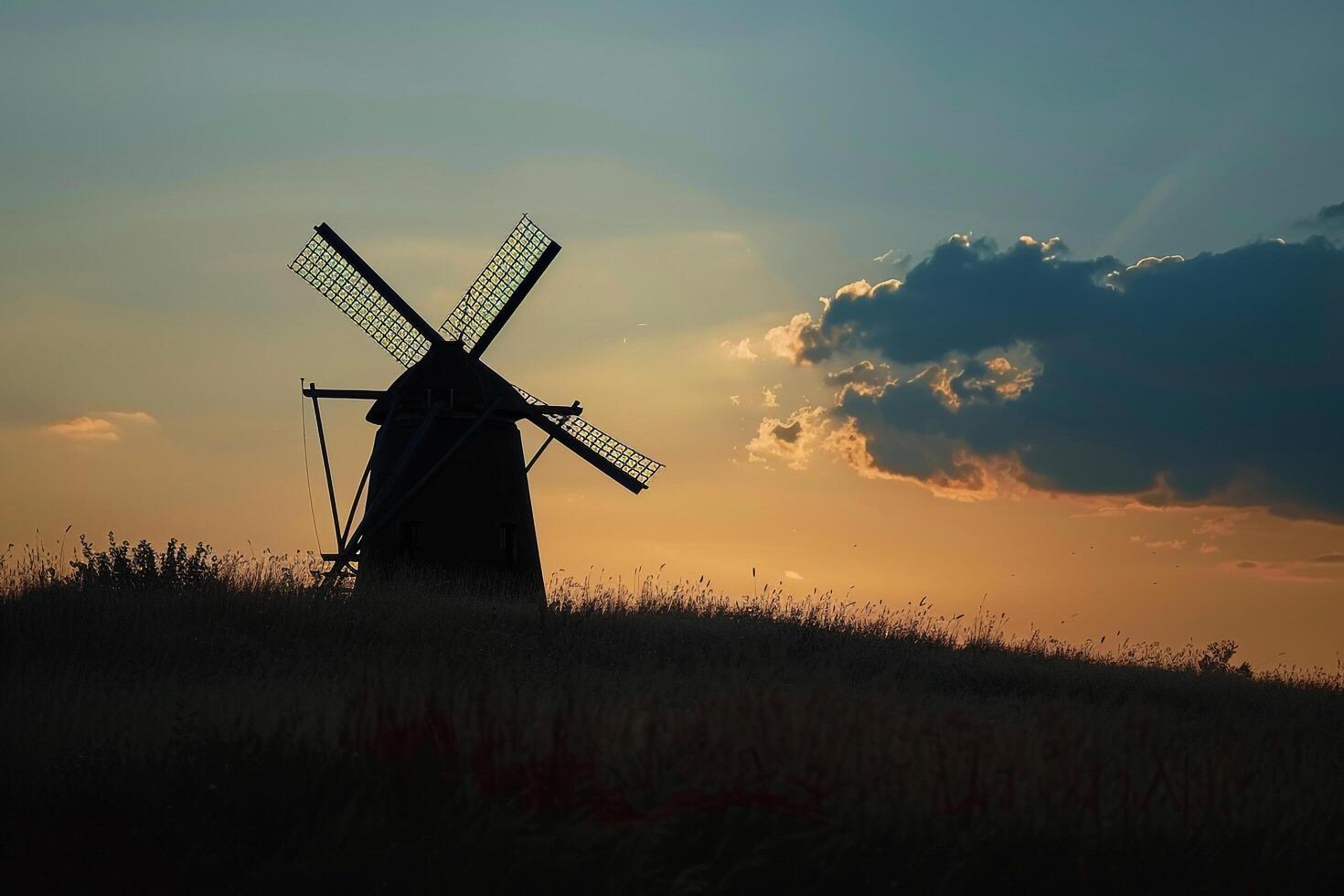 Hilly countryside with windmill. charming nature scene with background nature photo