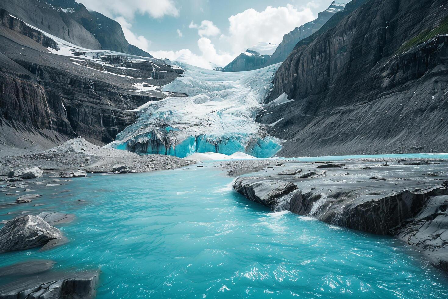 Glacier flowing into turquoise lake. stunning nature scene with background nature photo