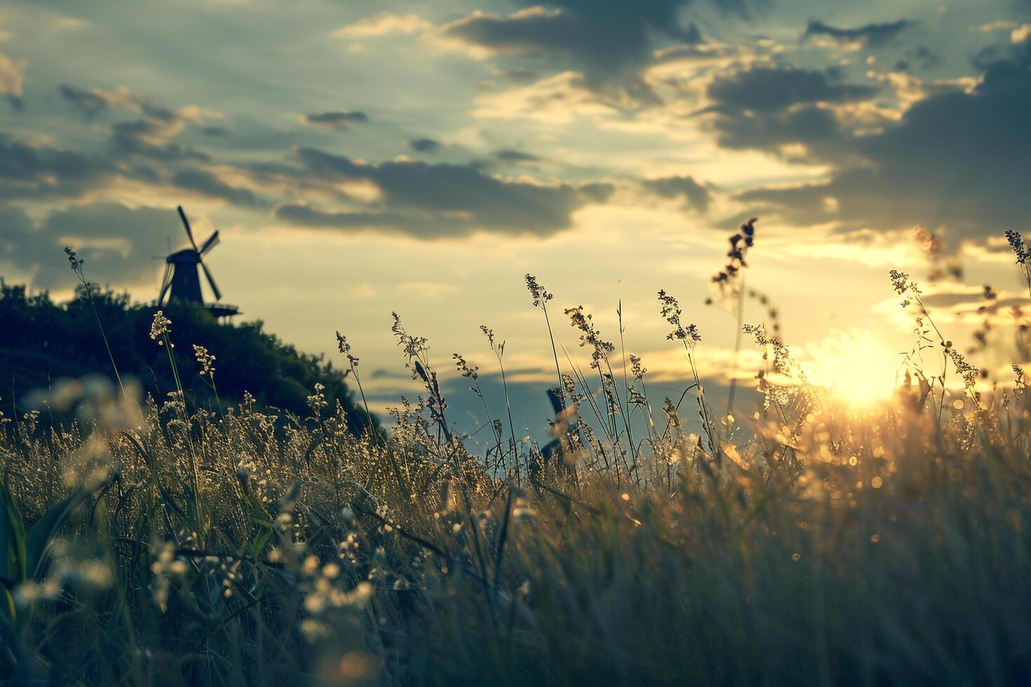 Hilly countryside with windmill. charming nature scene with background nature photo