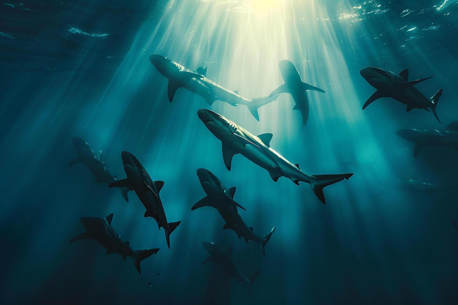 Hammerhead sharks swimming. dynamic nature scene with background nature photo