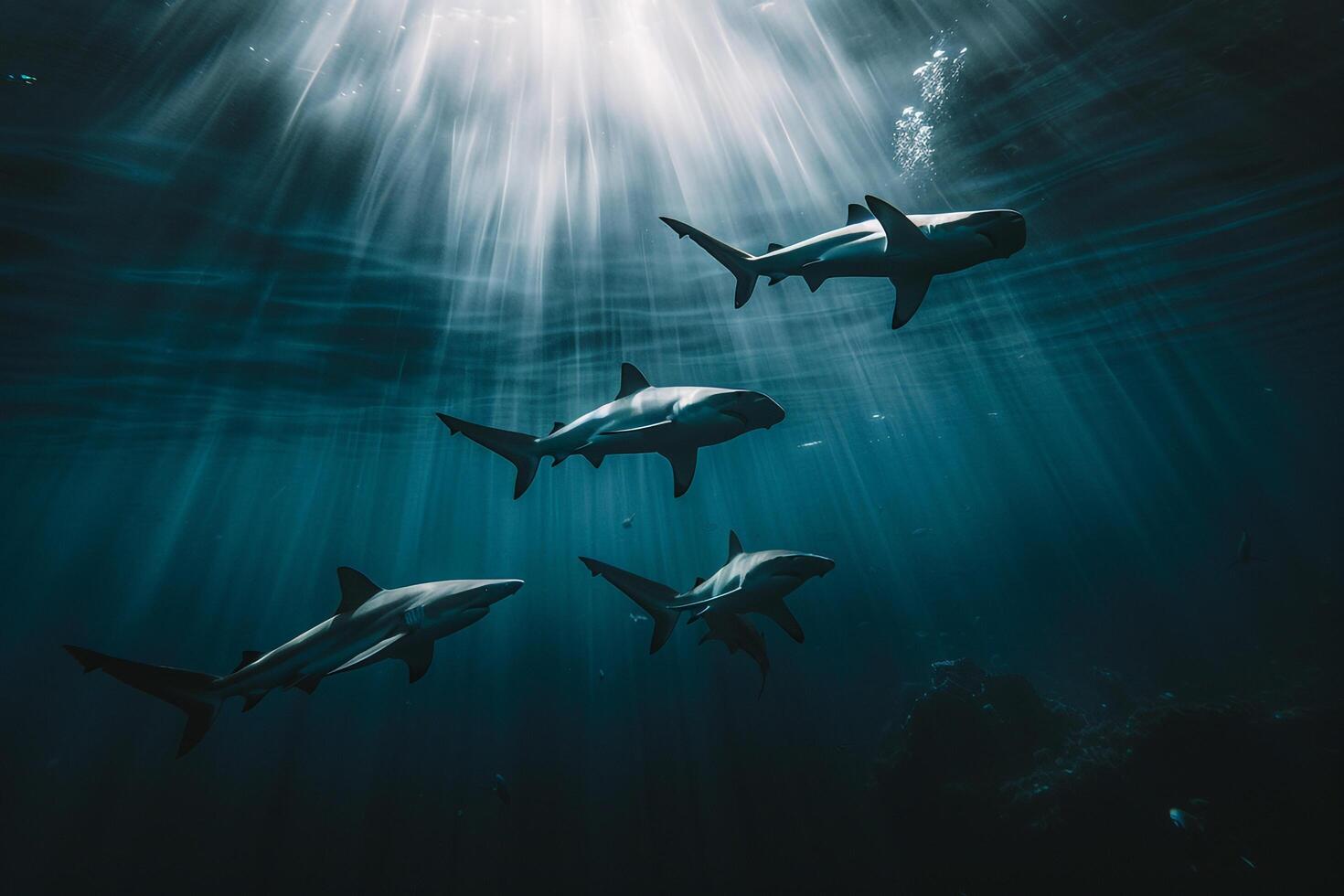 Hammerhead sharks swimming. dynamic nature scene with background nature photo