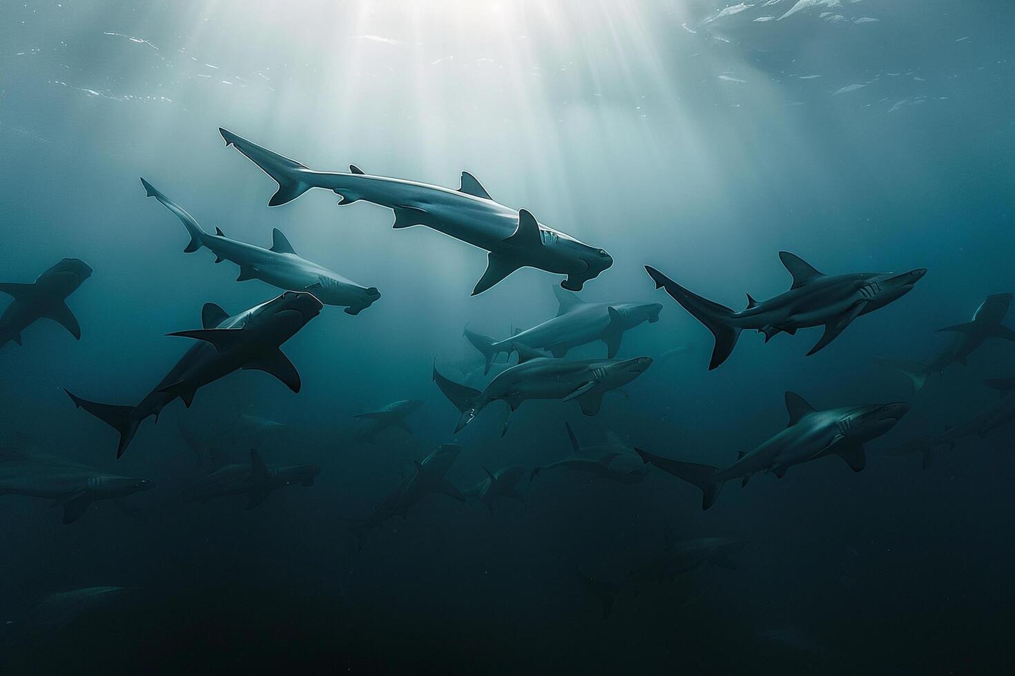 Hammerhead sharks swimming. dynamic nature scene with background nature photo