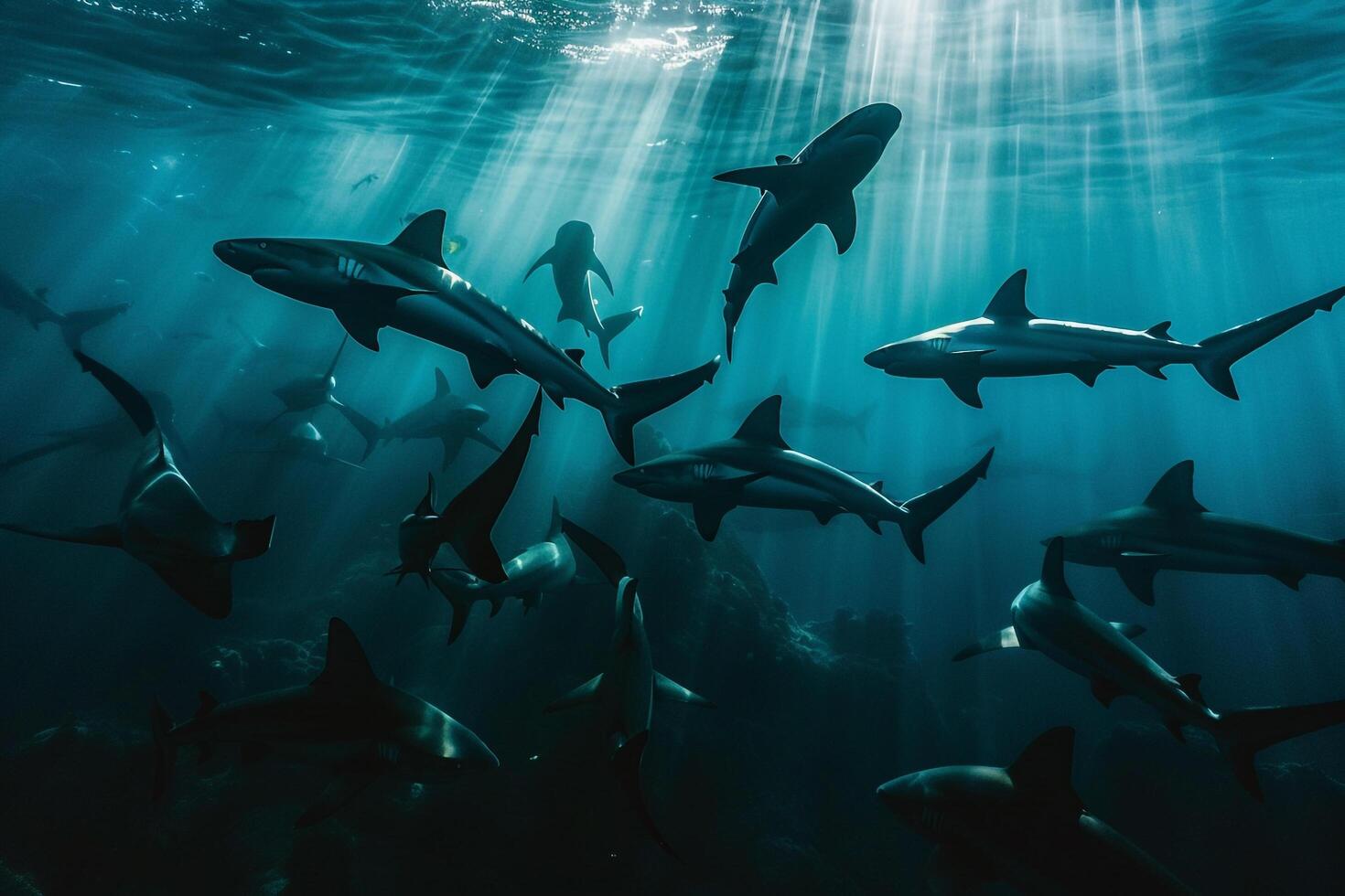 Hammerhead sharks swimming. dynamic nature scene with background nature photo