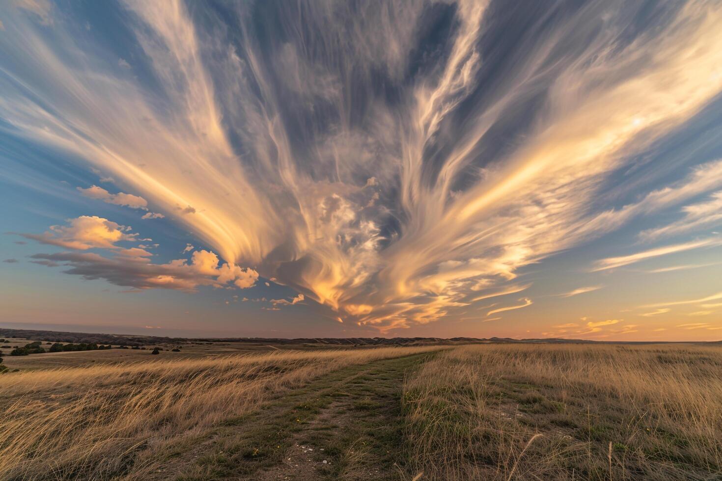 Wispy Cirrus Clouds at Sunset Over the Horizon Nature Background photo
