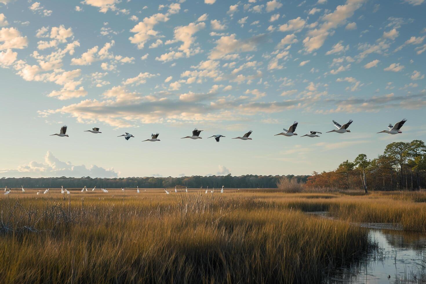 Flock of Pelicans Flying in Formation Over a Coastal Marsh at Sunset  Nature Background photo