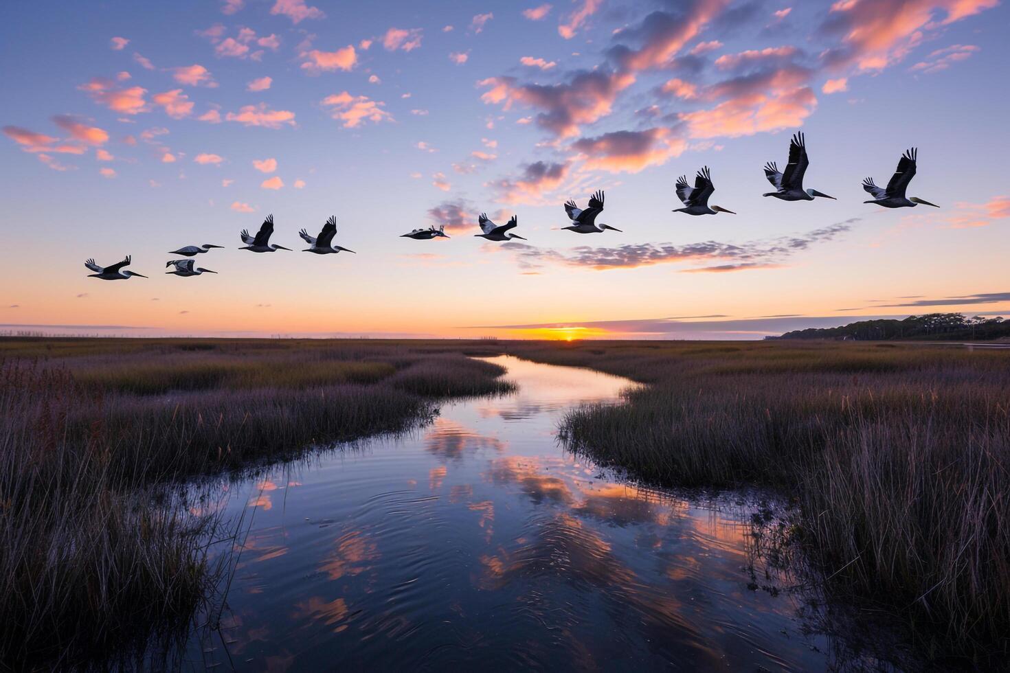 Flock of Pelicans Flying in Formation Over a Coastal Marsh at Sunset  Nature Background photo
