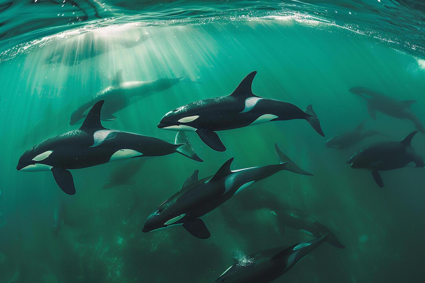Pod of Orcas Swimming Gracefully Through Clear Turquoise Waters  Nature Background photo
