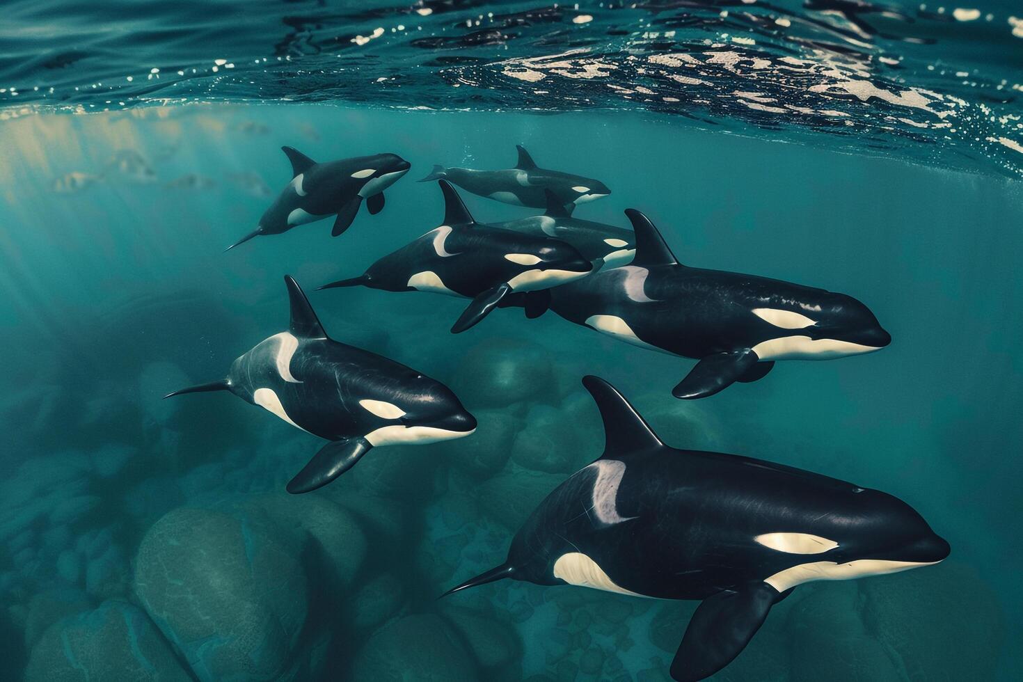 Pod of Orcas Swimming Gracefully Through Clear Turquoise Waters  Nature Background photo