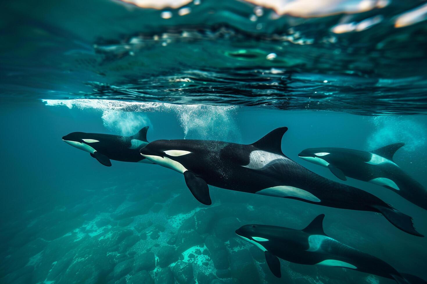 Pod of Orcas Swimming Gracefully Through Clear Turquoise Waters  Nature Background photo