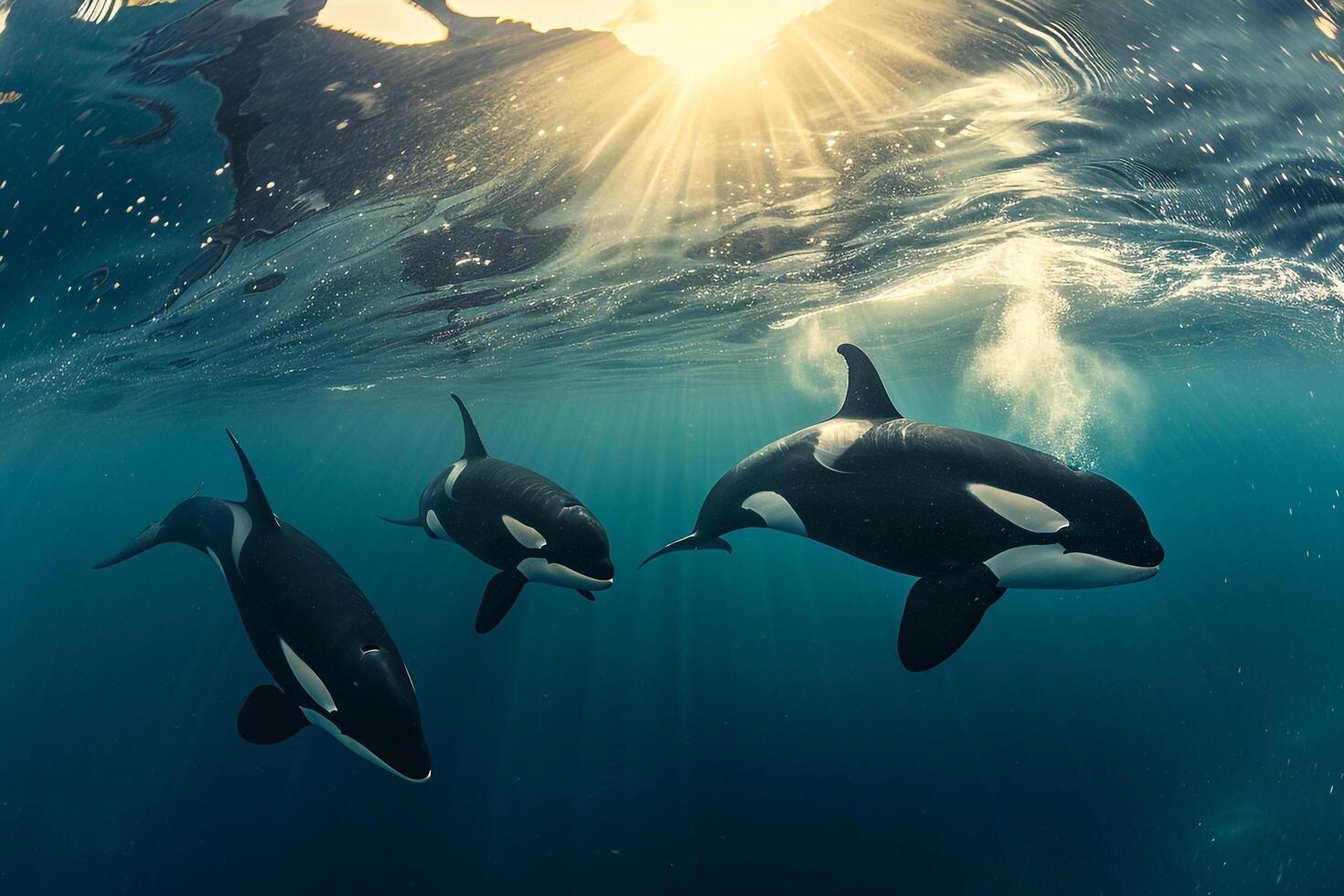 Pod of Orcas Swimming in Clear Blue Ocean. Nature Background photo