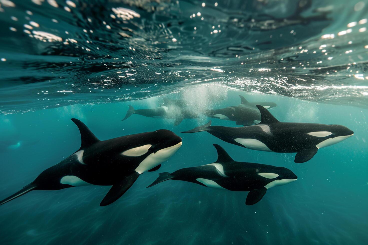 Pod of Orcas Swimming in Clear Blue Ocean. Nature Background photo