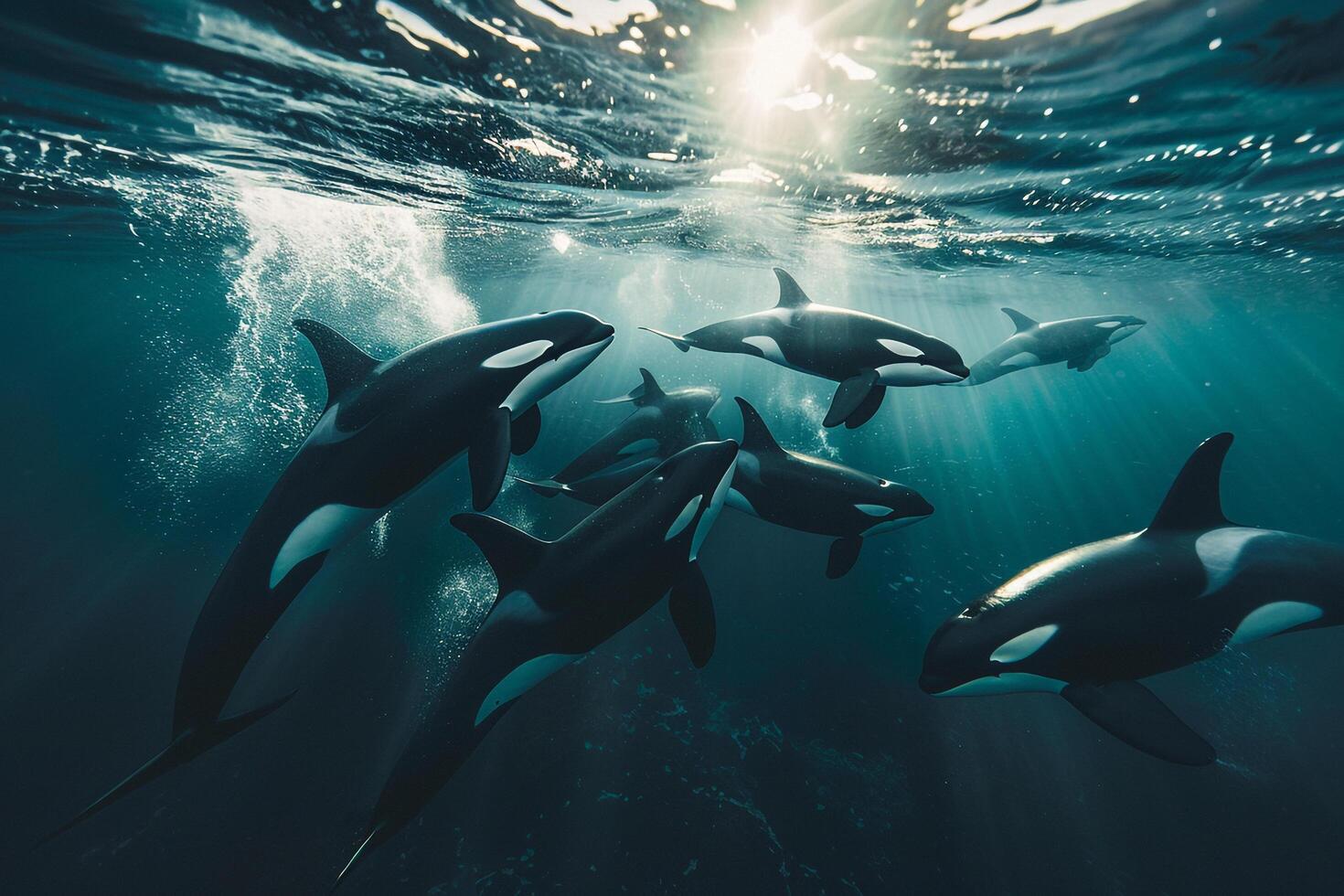 Pod of Orcas Swimming in Clear Blue Ocean. Nature Background photo