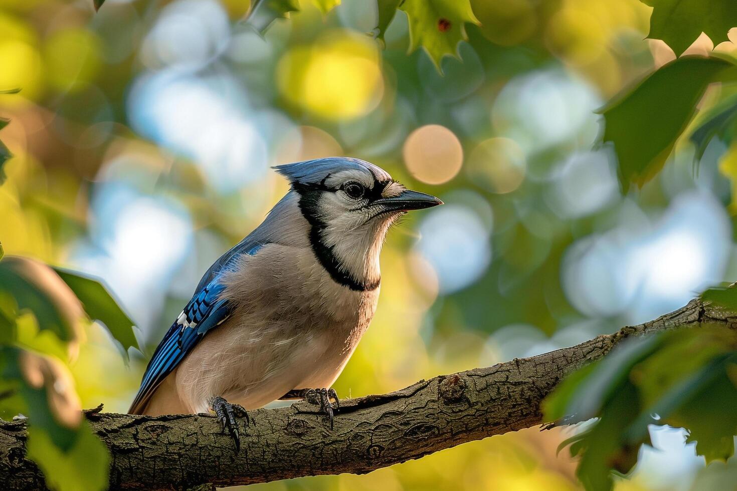 Curious Blue Jay Observing from a Tree Branch in a Suburban Backyard. Nature Background photo