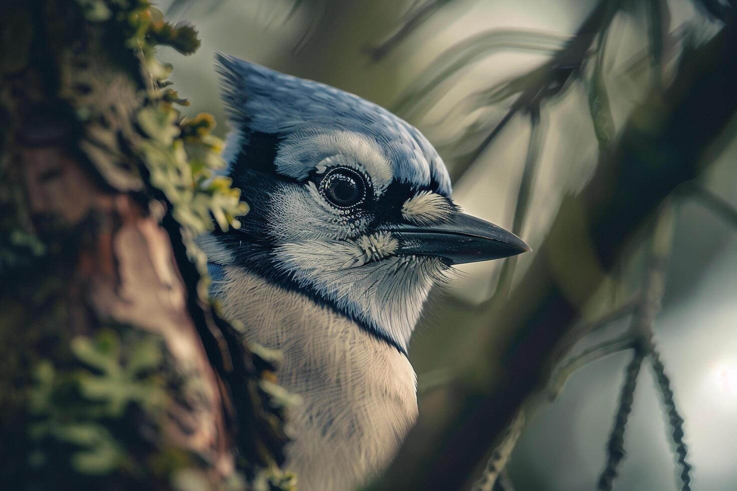 Curious Blue Jay Observing from a Tree Branch in a Suburban Backyard. Nature Background photo