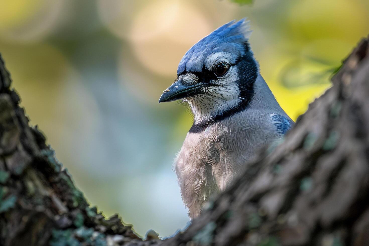 Curious Blue Jay Observing from a Tree Branch in a Suburban Backyard. Nature Background photo