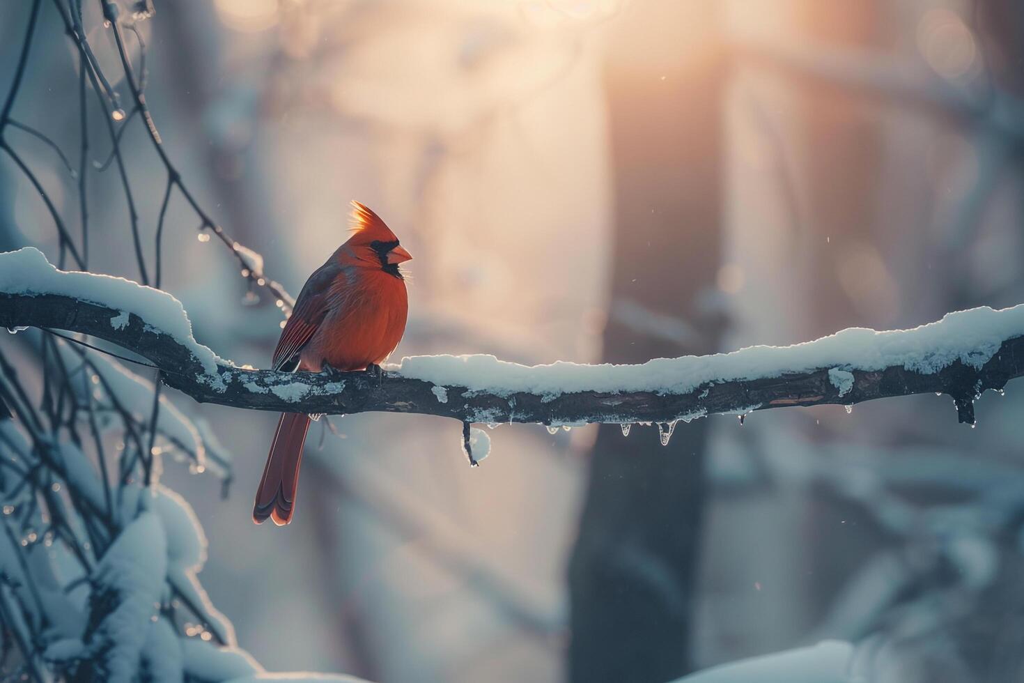 Serene Cardinal Resting on a Snowy Branch in a Winter Forest. Nature Background photo