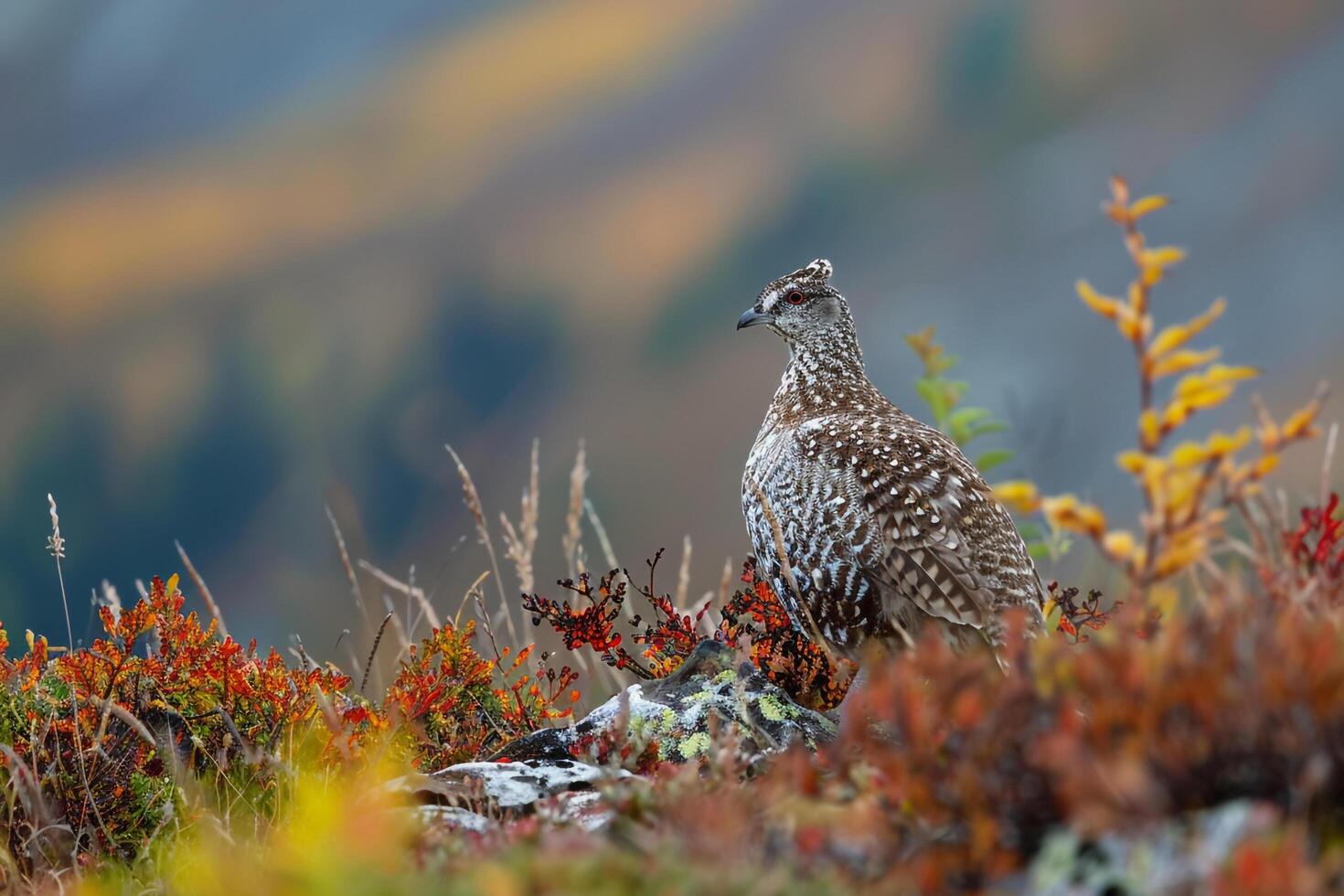 Camouflaged Grouse Blending into the Autumn Foliage of a Mountain Meadow. Nature Background photo