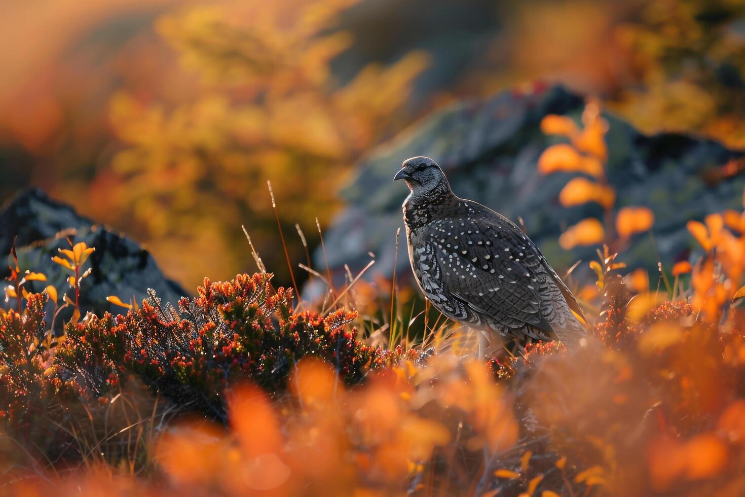 Camouflaged Grouse Blending into the Autumn Foliage of a Mountain Meadow. Nature Background photo