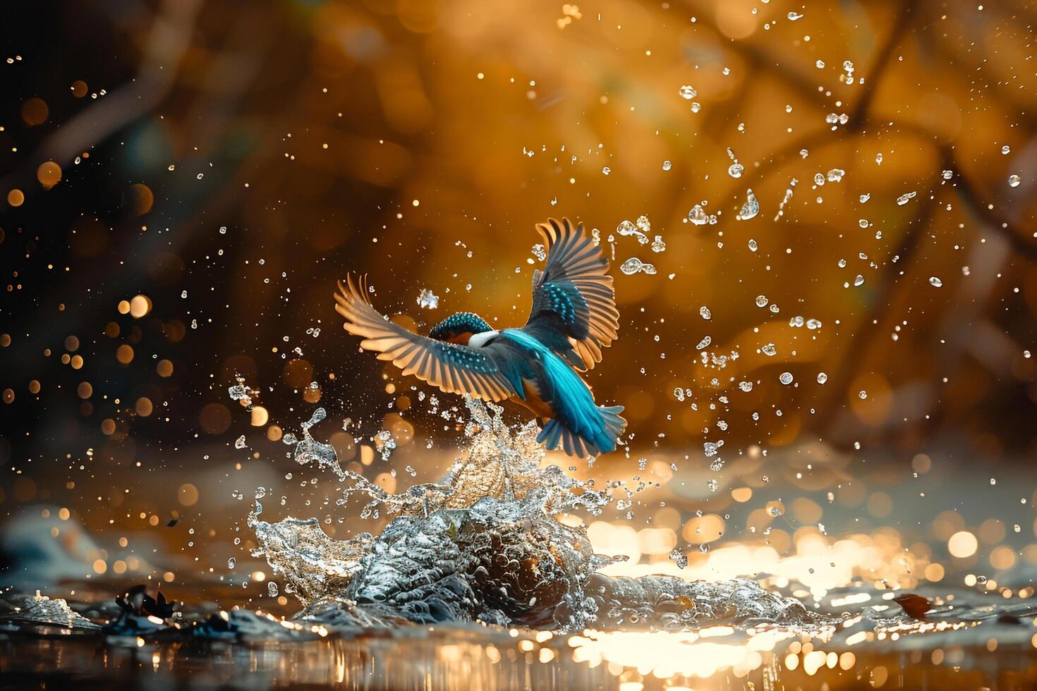 Kingfisher Diving into a Sparkling River. Nature Background photo