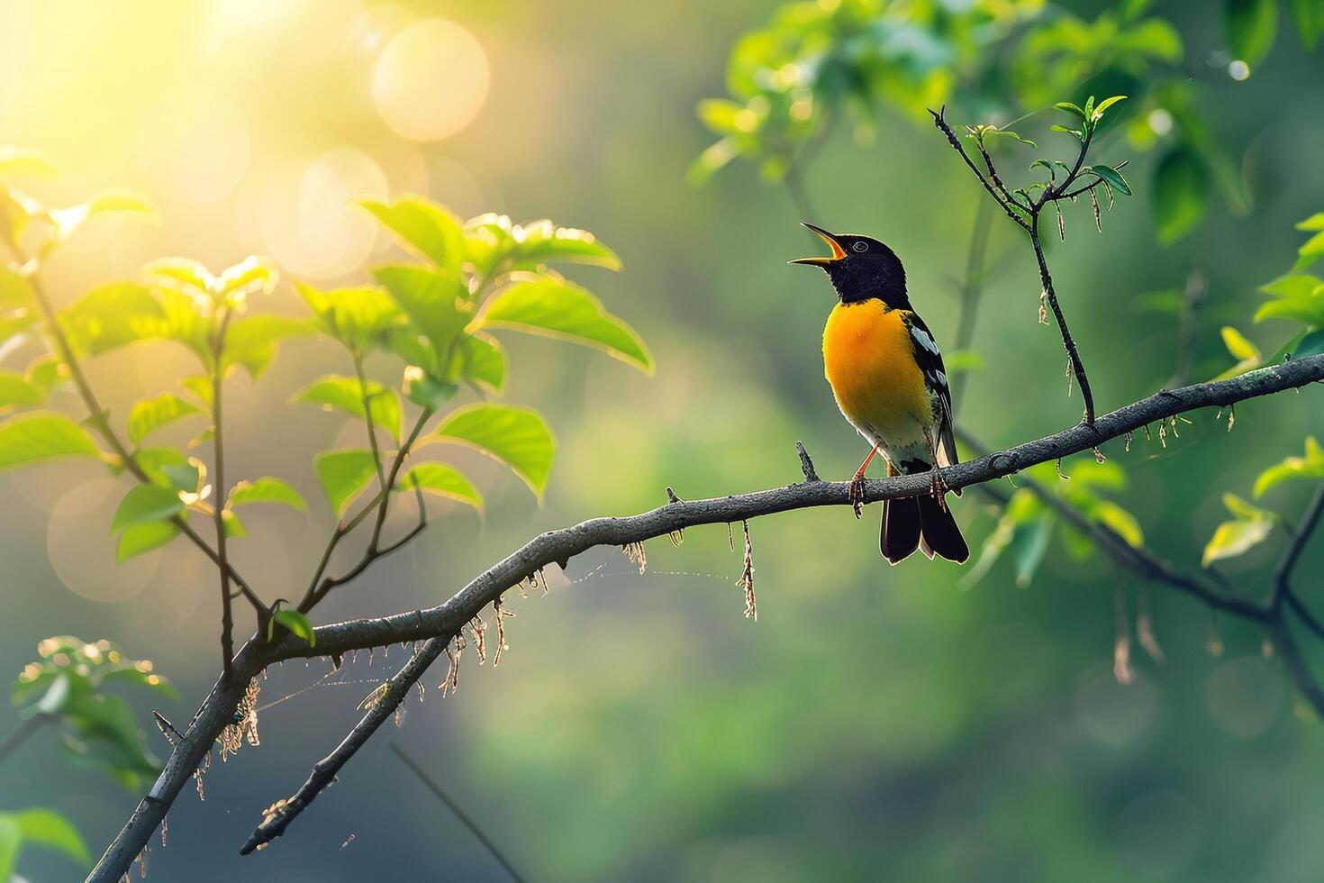 Melodic oriole singing on a sunny branch in a woodland. background nature photo