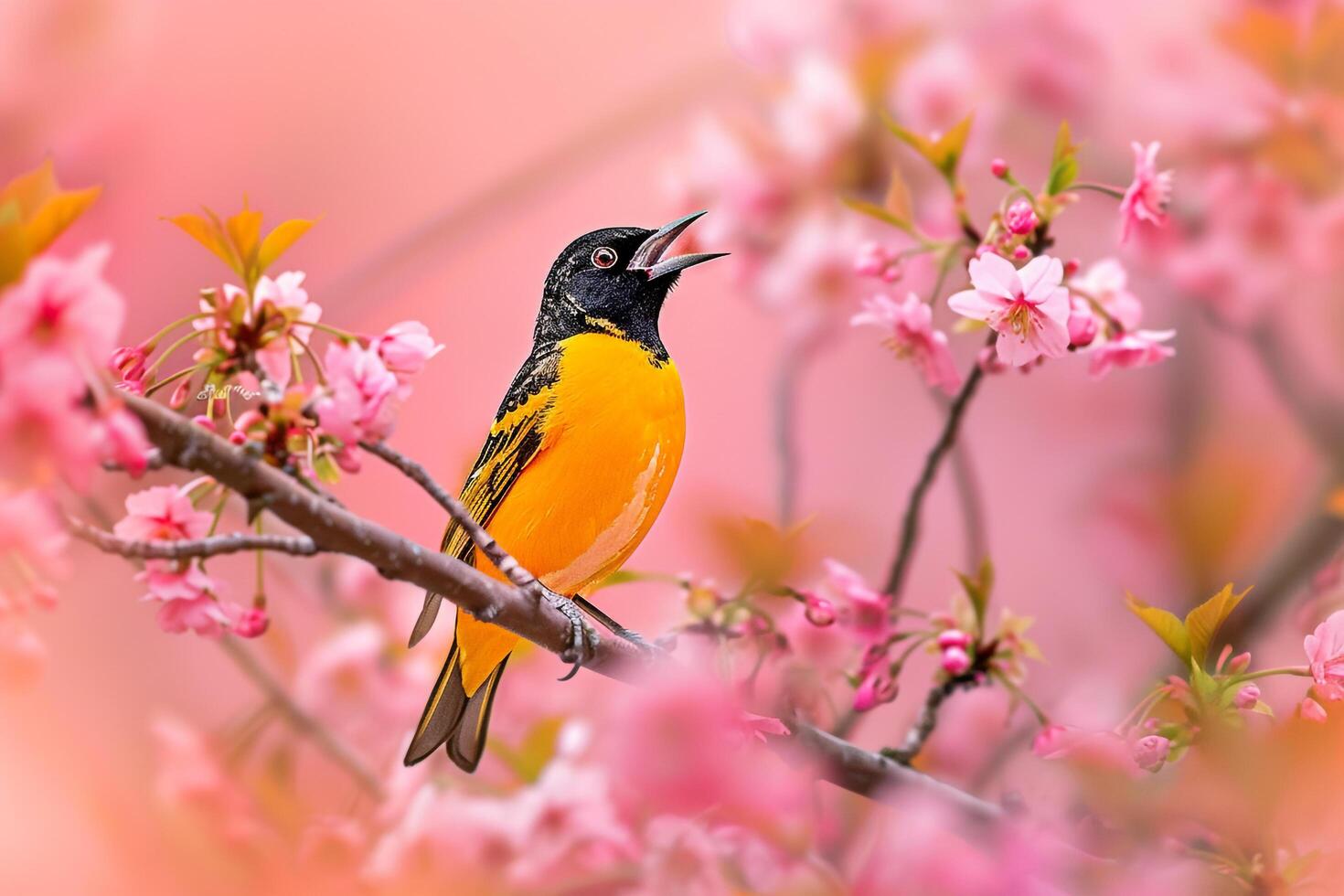 Melodic oriole singing amidst blooming cherry blossoms in a spring garden. background nature photo