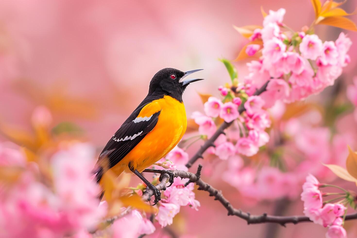 Melodic oriole singing amidst blooming cherry blossoms in a spring garden. background nature photo