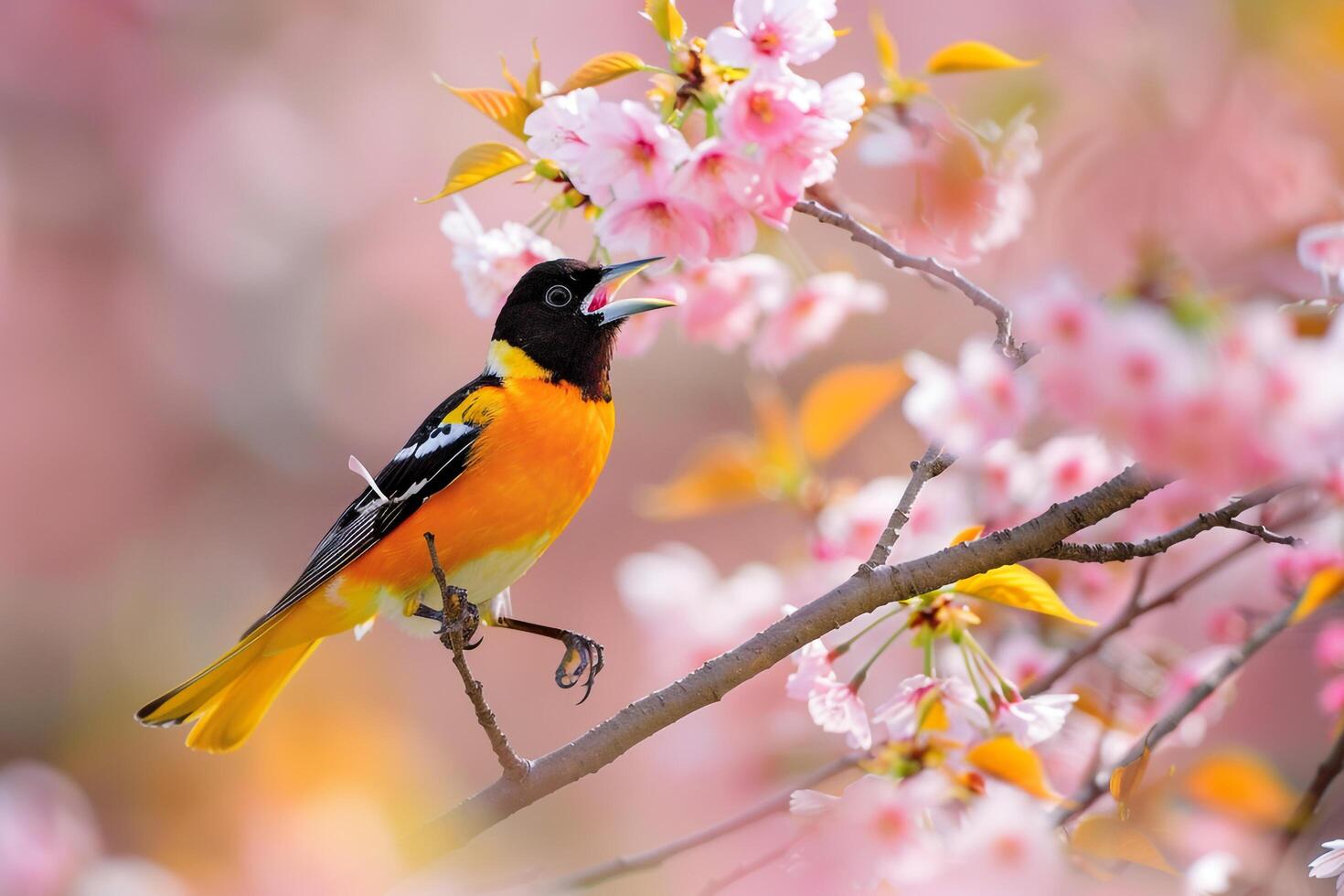 Melodic oriole singing amidst blooming cherry blossoms in a spring garden. background nature photo
