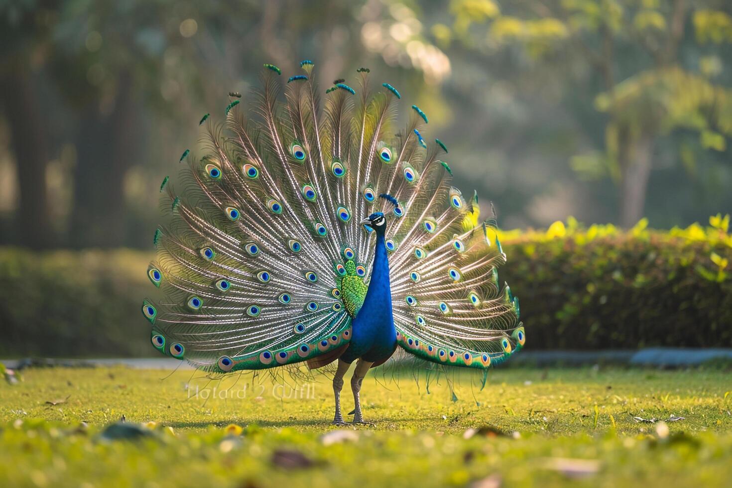 Proud peacock displaying  feathers in a garden. background nature photo