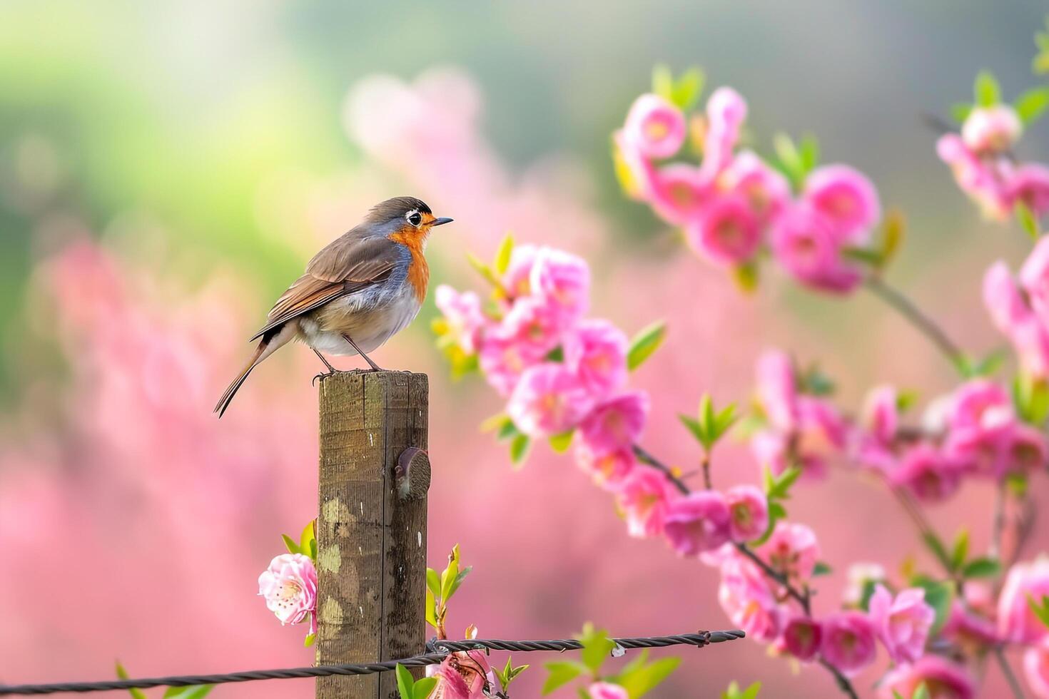 Cheerful robin perched on a fence post amidst blooming spring flowers. background nature photo
