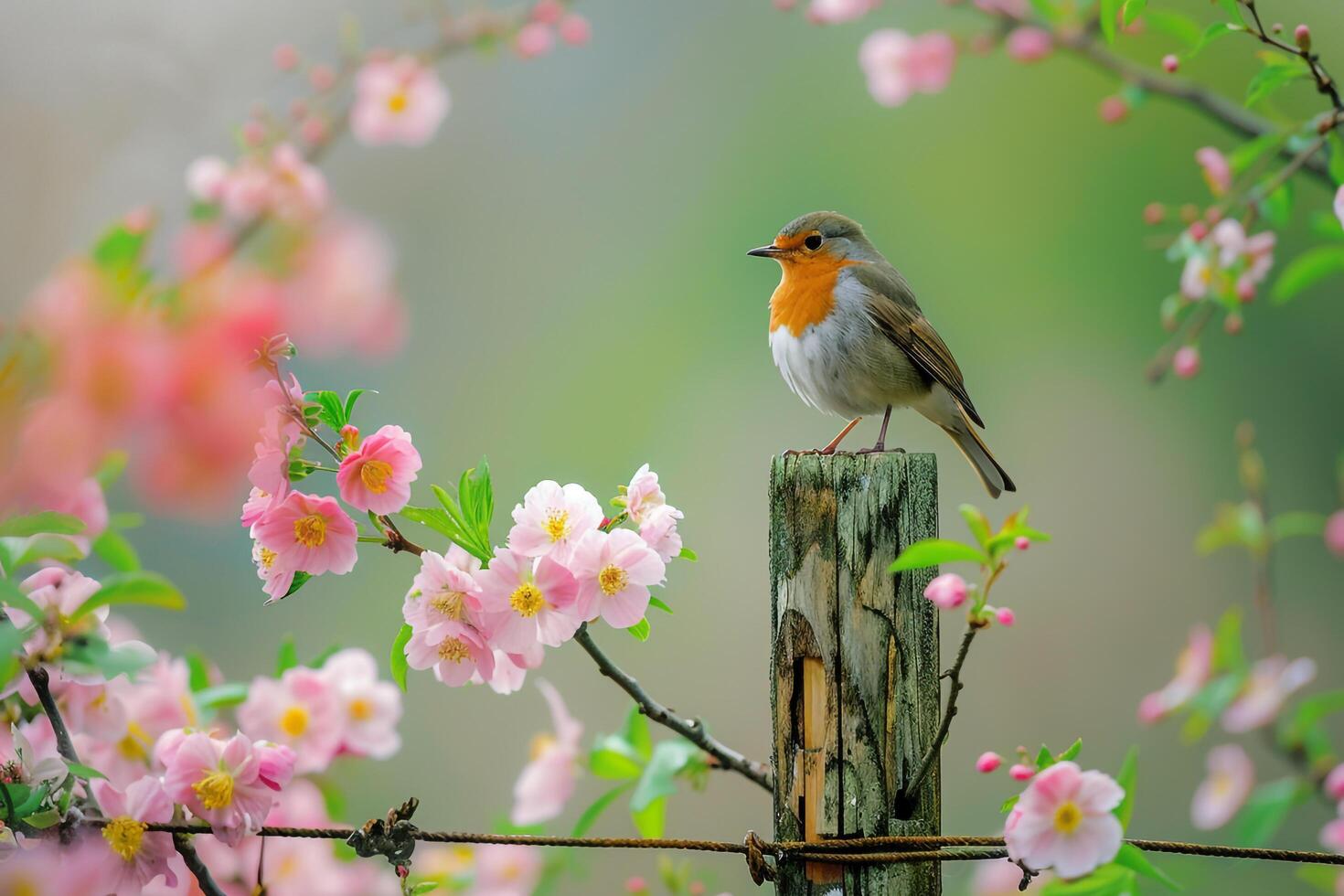 Cheerful robin perched on a fence post amidst blooming spring flowers. background nature photo