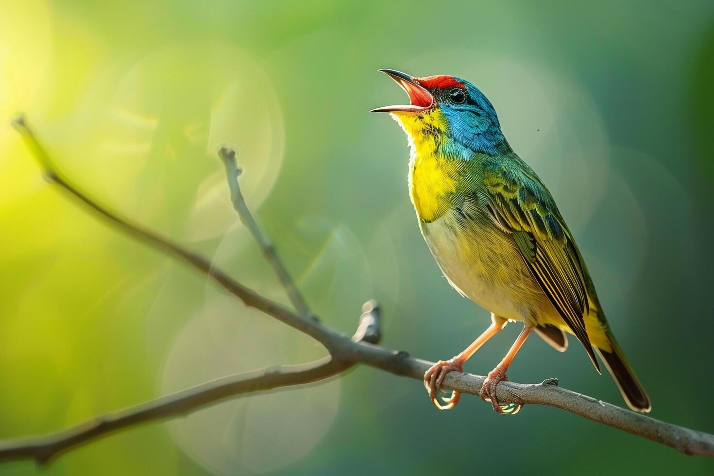 Songbird perched on a branch singing at dawn. background nature photo