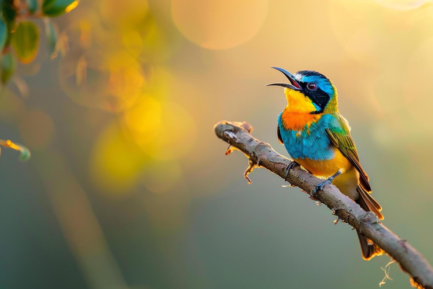 Songbird perched on a branch singing at dawn. background nature photo