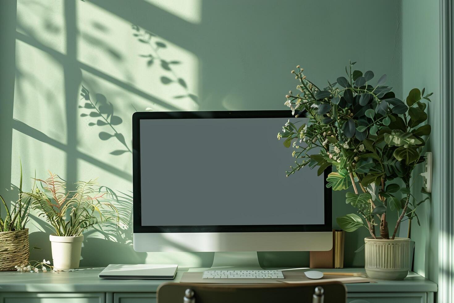 Calming Pastel Green Top Desktop Computer Mockup in Relaxed Home Office photo